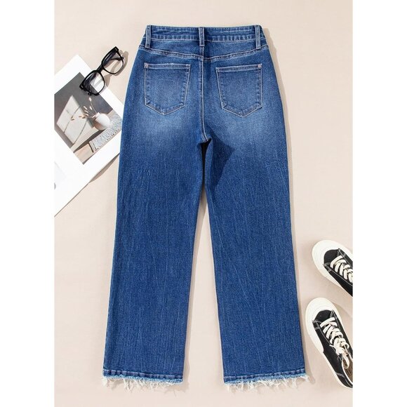 Womens High Waisted Flared Jeans Raw Hem Stretchy Denim Size 10 - Picture 7 of 8